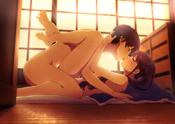1boy 1girl akazawa_izumi another barefoot blue_ribbon blush brown_hair closed_eyes commentary_request completely_nude feet hair_ribbon hetero highres kiss kozuka_yasushi leg_lock long_hair nude ribbon sakakibara_kouichi sex soles spread_legs sweat toes twintails