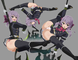 1girl ass axe battle_axe black_boots black_thighhighs blazer boots bow bowtie brown_eyes clothes_lift dancing gloves grey_background highres hiiragi_shinoa jacket knee_boots long_hair looking_at_viewer multiple_views open_mouth ouhashi owari_no_seraph panties pleated_skirt pole_dancing purple_hair purple_ribbon red_bow red_bowtie ribbon skirt skirt_lift thighhighs thighs underwear weapon white_gloves white_panties
