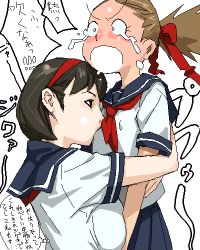 2girls blush bobobo covered_erect_nipples lowres multiple_girls oekaki translation_request yuri