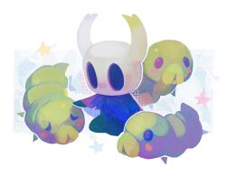 Rule 34 | 1other, black skin, blush stickers, caterpillar, cloak, colored skin, full body, grub (hollow knight), headpat, highres, hollow eyes, hollow knight, horns, knight (hollow knight), salamitown, sitting, sleeping, star (symbol)