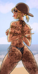 1girl american_flag american_flag_bikini american_flag_print ass backwards_hat baseball_cap bdsm bikini black_hat blonde_hair bondage bound bound_arms bound_wrists brown-tinted_eyewear flag_print from_behind grand_theft_auto grand_theft_auto_vi hat highres kinbaku looking_at_viewer looking_back mud print_bikini redneck_girl_(gta_vi) reptileye rope shibari short_hair solo sunglasses swimsuit tinted_eyewear tongue tongue_out