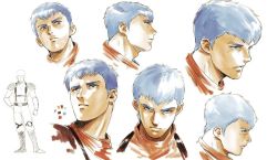 1boy blue_hair chirico_cuvie color_guide cropped_torso from_side green_eyes hair_behind_ear looking_ahead looking_at_viewer looking_down looking_to_the_side male_focus parted_lips pilot_suit scowl soukou_kihei_votoms surprised upper_body vldhomecenter white_background