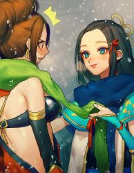 Rule 34 | anago (tokyo retro gokko), back, black bra, black hair, blue eyes, blush, bra, brown eyes, brown hair, detached sleeves, hayakawa-dono, japanese clothes, kaihime, kimono, lips, long hair, parted bangs, ponytail, scarf, sengoku musou, smile, snow, snowing, underwear