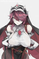 1girl armpit_crease bags_under_eyes bare_shoulders belt breasts covered_erect_nipples cupping_hands dress elbow_gloves fishnet_pantyhose fishnets genshin_impact gloves hair_over_one_eye highres jewelry large_breasts leaning_forward looking_at_viewer mintxriddle multicolored_hair nun own_hands_together pantyhose patreon_username purple_eyes purple_hair red_belt red_hair ring rosaria_(genshin_impact) see-through_clothes shade short_hair simple_background solo streaked_hair white_background white_gloves