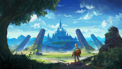 1boy architecture arm_guards blonde_hair blue_shirt blue_sky blue_tunic boots castle champion&#039;s_tunic_(zelda) clenched_hand cloud commentary day english_commentary fantasy fingerless_gloves from_behind gloves grass guardian_(zelda) hair_tie hyrule_castle landscape layered_clothes leather leather_boots leather_gloves lens_flare link long_sidelocks long_sleeves looking_afar low_ponytail medium_hair mountainous_horizon nature nintendo obelisk outdoors overgrown pants plain pointy_ears ponytail scabbard shadow sheath sheathed shield shield_on_back shirt shirt_under_shirt short_sleeves sidelocks sky solo standing stone_walkway sunlight sword sword_on_back the_legend_of_zelda the_legend_of_zelda:_breath_of_the_wild tree tunic vertigris weapon weapon_on_back white_pants white_shirt wooden_shield