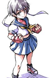 1girl blue_sailor_collar blue_skirt brown_eyes brown_hair clenched_hands closed_mouth collared_shirt commentary eyelashes fingerless_gloves gloves headband highres ikaringo_(ikaringo4444) kasugano_sakura neckerchief red_gloves red_shoes sailor_collar school_uniform serafuku shirt shoes short_hair short_sleeves simple_background skirt smile solo standing stomach street_fighter v-shaped_eyebrows white_background white_headband white_shirt yellow_neckerchief