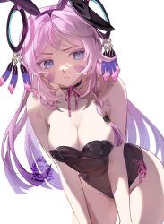 1girl black_choker black_leotard blue_eyes braid breasts choker citlali_(genshin_impact) cleavage commentary facial_mark forehead_mark genshin_impact highres leaning_forward leotard long_hair looking_to_the_side marking_on_cheek mofumanju pink_hair pink_pupils playboy_bunny solo strapless strapless_leotard symbol-only_commentary triangle triangle_facial_mark twin_braids