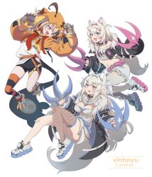 3girls :d animal_collar animal_ears bandaid bandaid_hair_ornament belt bib_collar black_collar black_jacket black_shorts black_thighhighs blonde_hair blue_belt blue_eyes blue_hair blue_hairband breasts brown_hair brown_thighhighs claw_(weapon) cleavage_cutout clothing_cutout collar colored_shoe_soles commentary cropped_jacket cropped_shirt crossed_bangs cutout_above_navel detached_collar dog_ears dog_girl dog_tail double-parted_bangs dress english_commentary fishnet_socks fishnet_thighhighs fishnets frilled_shirt_collar frilled_shorts frilled_sleeves frills full_body fur-trimmed_jacket fur_trim fuwawa_abyssgard fuwawa_abyssgard_(1st_costume) gigi_murin gigi_murin_(1st_costume) hair_between_eyes hair_ornament hairband hairclip headphones headphones_around_neck highres hololive hololive_english hood hoodie horn_hairband jacket kneehighs large_breasts long_hair long_sleeves mococo_abyssgard mococo_abyssgard_(1st_costume) multicolored_hair multiple_girls navel open_mouth orange_belt orange_hoodie orange_thighhighs over-kneehighs pink_belt pink_eyes pink_hair pink_hairband puffy_long_sleeves puffy_sleeves sharp_teeth shirt short_dress short_hair short_shorts short_twintails shorts siblings simple_background single_over-kneehigh single_thighhigh sisters smile socks spiked_collar spikes streaked_hair striped_clothes striped_thighhighs tail teeth thighhighs twins twintails two-tone_hair two_side_up vinhnyu virtual_youtuber weapon white_background white_dress white_shirt white_shorts white_sneakers x_hair_ornament