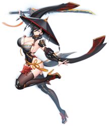 1girl action_taimanin alternate_costume aqua_eyes ass black_hair blue_ribbon breasts cleavage_cutout clothing_cutout curvy hat holding holding_sword holding_weapon huge_ass huna_(action_taimanin) japanese_clothes jumping large_breasts lilith-soft looking_at_viewer momochi_nagi official_alternate_costume revealing_clothes ribbon shiny_clothes shiny_skin short_hair shoulder_pads solo sword taimanin_(series) transparent_background weapon wide_hips