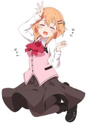 1girl :d \||/ ^_^ arm_up black_boots blush boots bow bowtie breasts brown_pantyhose brown_skirt closed_eyes collared_shirt commentary_request facing_viewer floating_clothes flower full_body gochuumon_wa_usagi_desu_ka? hair_between_eyes hair_flower hair_ornament hairclip hand_up happy highres hoto_cocoa huge_bow kneeling knees_together_feet_apart long_sleeves medium_breasts medium_hair open_mouth orange_hair pantyhose parallel_hairclips pink_flower pink_vest poteto_furai red_bow red_bowtie shirt simple_background skirt smile solo sound_effects vest white_background white_shirt