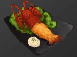 Rule 34 | food, food focus, fried food, grated daikon, hisachan55cute, lettuce, lobster, no humans, original, pixel art, seafood, simple background, spring onion, still life