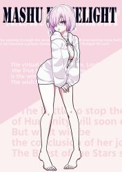 Rule 34 | 1girl, bare legs, breasts, character name, english text, fate/grand order, fate (series), full body, glasses, highres, hood, hoodie, large breasts, mash kyrielight, miyaka (58305841), parted lips, partially unzipped, purple eyes, purple hair, solo, tiptoes, white hoodie