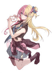 1girl black_jacket black_shirt black_shoes black_socks blonde_hair blue_skirt collared_shirt four-finger_heart_hands hair_bun hair_ornament heart heart_hands jacket kotoka_torahime kotoka_torahime_(1st_costume) multicolored_hair nijisanji nijisanji_en pink_hair purple_eyes rusa_nh shirt shoes skirt socks solo two-tone_hair virtual_youtuber x_hair_ornament
