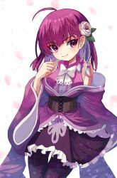 1girl ahoge black_corset corset flower hair_flower hair_ornament highres japanese_clothes kimono long_hair magical_girl mahou_shoujo_madoka_magica mahou_shoujo_madoka_magica_magia_exedra miniskirt plusplushm purple_eyes purple_hair purple_kimono skirt tokiwa_nanaka white_flower wide_sleeves