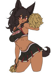 Rule 34 | 1girl, animal ear fluff, animal ears, armpits, black hair, black shirt, black skirt, breasts, cerberus (houtengeki), cheerleader, collarbone, contrapposto, cowboy shot, crop top, dark-skinned female, dark skin, dog ears, dog girl, dog tail, fang, furrowed brow, hair between eyes, hair tie, hand on own thigh, hand up, highres, holding, holding pom poms, houtengeki, long hair, looking to the side, medium breasts, midriff, miniskirt, multicolored shirt, multicolored skirt, navel, open mouth, original, pleated skirt, pom pom (cheerleading), pom poms, ponytail, red eyes, red shirt, red skirt, shirt, sidelocks, sideways glance, simple background, skin fang, skirt, sleeveless, sleeveless shirt, smile, solo, standing, tail, white background, yellow pom poms