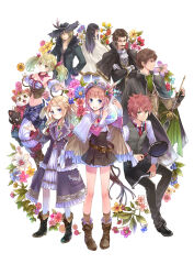 4boys 4girls absurdres aranya_(atelier) astrid_zexis atelier_(series) atelier_rorona blonde_hair blue_eyes boots brown_eyes brown_hair cape cat cuderia_von_feuerbach detached_sleeves facial_hair flask flower frying_pan glasses gloves hat highres horoholo_(atelier) iksel_jahnn kishida_mel lionela_heinze long_hair looking_back ludwig_giovanni_arland midriff multiple_boys multiple_girls mustache navel necktie open_mouth rorolina_frixell round-bottom_flask short_hair smile sterkenburg_cranach sword tristan_alcock twintails two_side_up weapon white_gloves