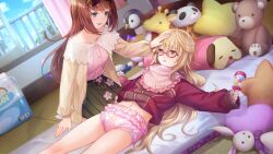 2girls age_play bib blonde_hair bloomers blue_eyes breasts brown_hair cardigan clothes_lift collarbone crazy_smile day dutch_angle empty_eyes eye_contact frilled_bib frills game_cg glasses headpat holding holding_rattle jacket jacket_lift long_hair looking_at_another lying mugendo_saki multiple_girls navel no_shoes non-web_source official_art on_back open_cardigan open_clothes open_window orange_eyes otori_ai pink_bloomers rattle red_jacket semi-rimless_eyewear sleeves_past_wrists small_breasts smile socks spoilers stuffed_animal stuffed_dog stuffed_giraffe stuffed_panda stuffed_penguin stuffed_rabbit stuffed_toy tearing_up teddy_bear track_jacket under-rim_eyewear underwear very_long_hair white_socks window yellow_cardigan yumeutsutsu_re:master