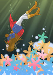 1girl boots cape dandelion_(pixiv1995071) closed_eyes female_focus gensou_suikoden gensou_suikoden_i gloves high_heels long_hair odessa_silverberg orange_hair solo underwater water