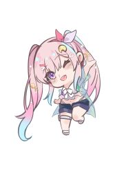 Rule 34 | 1girl, absurdres, airani iofifteen, airani iofifteen (artist), aqua hair, arm up, bikini, blue shirt, blue shorts, blush, chibi, chibi only, commentary, crescent, english commentary, gradient hair, hair ornament, hair ribbon, hairclip, highres, hololive, hololive indonesia, long hair, multicolored hair, navel, one eye closed, open clothes, open mouth, open shirt, paint on clothes, palette hair ornament, pink eyes, pink hair, pink ribbon, ribbon, sandals, see-through clothes, see-through shirt, shell hair ornament, shirt, short sleeves, shorts, simple background, smile, solo, star (symbol), star in eye, stomach, swimsuit, symbol in eye, teeth, thigh strap, thighs, twintails, two-tone hair, two-tone ribbon, upper teeth only, virtual youtuber, white background, white bikini, white sandals