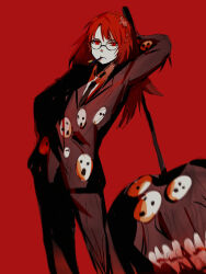 1girl black_necktie blood collared_shirt e.g.o_(project_moon) employee_(project_moon) flower glasses grey_jacket grey_pants hair_flower hair_ornament highres jacket kusuri_(sophiaxu8) lobotomy_corporation long_sleeves necktie nugget_(project_moon) pants pink_flower pipe_in_mouth project_moon red_background red_eyes red_hair round_eyewear shirt simple_background sketch smile_(e.g.o) smoking_pipe solo white_shirt