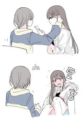 2girls bang_dream! bang_dream!_it&#039;s_mygo!!!!! blush brown_eyes brown_hair commentary embarrassed full-face_blush grey_hair highres jacket korean_text long_hair mole mole_under_eye multiple_girls open_mouth shiina_taki short_hair sierit takamatsu_tomori translation_request tucking_hair white_jacket