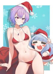 Rule 34 | 2girls, alternate costume, aningay, bikini, blue background, blush stickers, breasts, chibi, closed mouth, collarbone, commentary request, contrapposto, fresnel (neural cloud), girls&#039; frontline, girls&#039; frontline neural cloud, gluteal fold, hair between eyes, hat, highres, hubble (neural cloud), inset border, jewelry, korean commentary, medium breasts, multi-strapped bikini bottom, multiple girls, navel, necklace, open mouth, purple eyes, purple hair, red bag, red bikini, santa costume, santa hat, short hair, simple background, smile, snowflakes, stomach, string bikini, swimsuit, two-tone background, white background