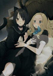 2girls animal_ears arm_around_shoulder black_choker black_dress black_sailor_collar black_serafuku blonde_hair blue_eyes blush bob_cut book cat_ears cat_tail choker dress forehead hand_on_another&#039;s_arm hand_on_another&#039;s_stomach highres light_particles long_hair lying multiple_girls neckerchief okagenikaga on_back on_bed open_mouth original puffy_short_sleeves puffy_sleeves sailor_collar school_uniform serafuku shadow short_sleeves tail webp-to-png_conversion white_neckerchief yuri