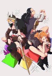 Rule 34 | 3girls, arm warmers, black hair, black thighhighs, blonde hair, book, bracelet, braid, cape, capelet, choker, commentary request, crop top, crossed legs, disembodied hand, earrings, extra arms, full body, fur capelet, hana hana no mi, helmet, highres, holding, holding book, interlocked fingers, jewelry, leg warmers, lego, long hair, looking at viewer, looking back, multiple girls, nami (one piece), nami (one piece) (elbaf), nico robin, nico robin (elbaf), one eye closed, one piece, orange hair, pearl earrings, planted, planted sword, planted weapon, simple background, single arm warmer, single thighhigh, sitting, skirt, smile, sparkle, spiked bracelet, spikes, sword, tanaka (tanakya123), tears, thighhighs, twitter username, vegapunk lilith, weapon