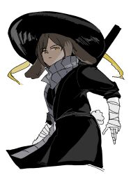 Rule 34 | 1girl, animal ears, bandaged arm, bandages, black hanfu, brown hair, chinese clothes, closed mouth, conical hat, dark-skinned female, dark skin, gree n, grey scarf, hand wraps, hanfu, hat, heishou pack-mao branch (identity) (project moon), highres, limbus company, long sleeves, looking at viewer, outis (project moon), project moon, rabbit ears, rabbit girl, rabbit tail, rice hat, scarf, short hair, simple background, solo, standing, tail, upper body, white background, yellow eyes