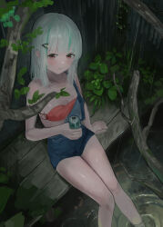 1girl absurdres admi_(nikke) arm_support bandeau bikini bikini_under_clothes blue_overalls blunt_bangs blush branch breasts can cleavage closed_mouth collarbone from_above goddess_of_victory:_nikke green_hair grey_hair hair_ornament highres holding holding_can knees_together_feet_apart looking_at_viewer medium_hair multicolored_hair off_shoulder outdoors overall_shorts overalls peparonipi20 pink_eyes rain ripples sitting small_breasts soaking_feet solo streaked_hair swimsuit tree water wooden_floor