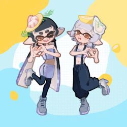 2girls alternate_hairstyle baggy_pants black_hair blue_background blunt_bangs boots callie_(splatoon) callie_(summer_nights)_(splatoon) ear_piercing facing_viewer fangs food fruit full_body grey_hair heart heart_hands lemon lemon_slice long_hair looking_at_viewer marie_(splatoon) marie_(summer_nights)_(splatoon) mole mole_under_eye multiple_girls navel nintendo official_alternate_costume one_eye_closed open_mouth orange_eyes oyster pants piercing pointy_ears shrimp skirt smile splatoon_(series) splatoon_3 standing standing_on_one_leg strapless suspenders tentacle_hair tube_top