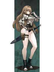 1girl absurdres armor arowana2111 belt black_boots black_gloves black_leotard boots breasts brown_belt brown_hair commentary english_commentary fingerless_gloves gloves green_eyes hand_up high_heel_boots high_heels highres lace-up_boots leotard leotard_under_clothes long_hair looking_at_viewer medium_breasts original pauldrons revealing_clothes scabbard shadow sheath shoelaces shoulder_armor solo standing thigh_belt thigh_strap thighs vambraces white_background