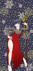absurdres anonymous_(japanese) breasts cleavage clothing_request covered_navel dress eva_(kavunyak) fur-trimmed_collar fur_trim high_heels highres holding holding_polearm holding_weapon japanon large_breasts leaning_forward lipstick looking_at_viewer makeup non-web_source original polearm purple_hair red_dress red_eyes red_lips russo-ukrainian_war shiny_lips shoes sidelocks smile snowflakes tryzub weapon white_shoes