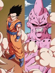 2boys after_beat_up anger_vein black_eyes black_hair blood colored_skin dragon_ball highres looking_at_viewer majin_buu multiple_boys muscular muscular_male pink_skin red_eyes serious son_gohan ultimate_gohan