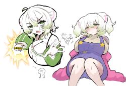 1other 2girls absurdres ahoge animal_ears bandages bare_shoulders black_bra blush bob_cut bra bra_strap brass_knuckles breasts chibi cleavage cosplay costume_switch fang ferret ferret_ears ferret_girl food fruit gradient_hair green_hair green_sweater hackerling highres indie_virtual_youtuber jacket laimu_(vtuber) laimu_(vtuber)_(cozy) large_breasts lime_(fruit) lime_necklace lime_slice monster_girl multicolored_hair multiple_girls overalls pink_jacket punching purple_overalls sae_art scylla shirt short_hair skin_fang star_(symbol) sweater thick_thighs thighs twintails two-tone_hair underwear v-shaped_eyebrows vinesauce virtual_youtuber weapon white_hair white_sweater yellow_shirt