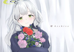 1girl absurdres black_halo blue_archive blue_hoodie blush bouquet center-flap_bangs commentary_request cross_hair_ornament english_text flower ganba_artworks green_eyes green_halo hair_intakes hair_ornament halo hare_(blue_archive) highres hood hood_down hoodie long_hair looking_at_viewer mixed-language_text sidelocks smile solo upper_body white_hair