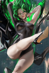1girl 2021 alternate_breast_size artist_name banned_artist black_dress black_footwear breasts dated dress female_focus floating floating_hair green_eyes green_hair high_heels looking_at_viewer matching_hair/eyes medium_breasts one-punch_man parted_lips short_hair signature solo tatsumaki taut_clothes taut_dress toy_block zumi_(zumidraws)