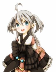 1girl ahoge black_bow blue_eyes bow brown_skirt commentary_request cowboy_shot frilled_sleeves frills grey_hair hanbok korean_clothes long_hair long_sleeves looking_at_viewer meiko_(nattu303) open_mouth pointy_ears ragnarok_online simple_background skirt smile solo soul_linker_(ragnarok_online) teeth two_side_up upper_teeth_only white_background wide_sleeves