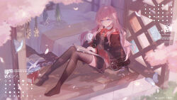 1girl ahoge artist_name bed black_capelet black_skirt black_thighhighs blue_eyes book brown_sweater bug butterfly capelet cherry_blossoms commission cup highres holding holding_cup houki_(majo_no_tabitabi) insect jacket long_hair majo_no_tabitabi open_book origami paper_crane pink_hair red_jacket shirt skirt solo sweater thighhighs umehara_sei watermark white_shirt