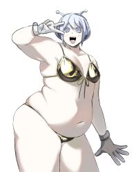 1girl alien antennae bikini blue_eyes blush breasts cleavage fat fat_woman gloves gold_bikini grey_hair navel open_mouth original plump short_hair small_breasts smile solo standing swimsuit v white_background yoko_koyoyo