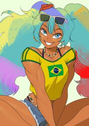 1girl bead_choker beads brazilian_flag brazilian_flag_print brazilian_miku breasts earrings flag_print hatsune_miku jewelry long_hair looking_at_viewer muscular muscular_female pokkuti smile sunglasses vocaloid