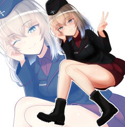 Rule 34 | 1girl, black jacket, blonde hair, blue eyes, boots, garrison cap, girls und panzer, hand on own face, hat, highres, itsumi erika, jacket, kumaisao, kuromorimine military uniform, light smile, red shirt, red skirt, shirt, sitting, skirt, v