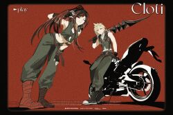1boy 1girl absurdres black_hair cloud_strife cloud_strife_(zidane&#039;s_outfit) cosplay crop_top dreadlocks duoj_ji final_fantasy final_fantasy_ix final_fantasy_vii final_fantasy_vii_ever_crisis fingerless_gloves gloves highres leaning_forward motor_vehicle motorcycle multicolored_hair official_alternate_costume official_alternate_hairstyle over_shoulder red_background red_hair salamander_coral salamander_coral_(cosplay) sleeveless smile sword tifa_lockhart tifa_lockhart_(amarant&#039;s_guise) two-tone_hair weapon weapon_over_shoulder zidane_tribal zidane_tribal_(cosplay)