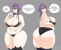 1girl animal_ear_legwear ass back-print_panties bare_arms bernadetta_von_varley bernadetta_von_varley_(timeskip) black_bra black_panties black_thighhighs blush bluueygooey bra breasts cat_ear_legwear english_text fire_emblem fire_emblem:_three_houses from_behind grey_background highres huge_ass huge_breasts legs looking_at_viewer nintendo panties plump print_panties purple_eyes purple_hair smile solo standing stomach thick_thighs thighhighs thighs underwear wedgie weight_conscious wide_hips