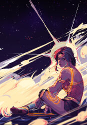 1girl armor arms_on_knees bare_shoulders black_hair dc_comics dust full_body greaves halo lasso_of_truth long_hair looking_at_viewer looking_to_the_side night night_sky parted_bangs red_shirt samanthadoodles shirt sitting skirt sky solo star_(sky) strapless strapless_shirt superhero_costume tiara turning_head wonder_woman