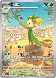 artist_name basket blue_sky card_(medium) character_name cloud company_name copyright_name copyright_notice crate day dolliv english_text eyelashes full_body katou_oswaldo nintendo official_art olive open_mouth outdoors pokemon pokemon_(creature) pokemon_card pokemon_focus pokemon_tcg sky smile smoliv solo standing third-party_source trading_card
