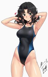 1girl absurdres adjusting_hair amagami armpits arms_behind_head arms_up artist_name bare_arms bare_legs bare_shoulders black_eyes black_hair black_one-piece_swimsuit blush breasts competition_swimsuit covered_navel curly_hair curtained_hair dated full_body highres large_breasts looking_at_viewer loose_hair_strand messy_hair one-piece_swimsuit presenting_armpit revision signature simple_background smile solo standing swimsuit tanamachi_kaoru thighs wavy_hair white_background yoo_tenchi