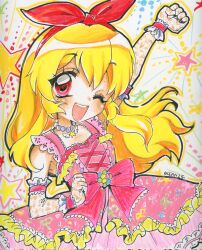 1girl 2000s_(style) aikatsu! aikatsu!_(series) arm_up bead_necklace beads blonde_hair bow commentary corrupted_twitter_file crayon_(medium) dress english_commentary flat_chest gloves hair_ribbon highres hoshimiya_ichigo idol idol_clothes jewelry long_hair looking_at_viewer necklace oceaninspace one_eye_closed pendant pink_bow pink_dress red_eyes red_ribbon ribbon sleeveless sleeveless_dress solo star_(symbol) traditional_media