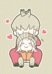 Rule 34 | 2boys, :&gt;, absurdres, aged down, antenna hair, beanie, black shoes, blush, brothers, brown hair, brown hat, brown pants, chibi, chibi only, closed eyes, closed mouth, commentary, commentary request, hat, headpat, heart, highres, hood, hood down, hoodie, jacket, johnny joestar, jojo no kimyou na bouken, long sleeves, m a a m 8, multiple boys, nicholas joestar, orange hoodie, outline, pants, polka dot, polka dot background, red jacket, red pants, shoes, short hair, siblings, sitting, smile, spiked hair, star (symbol), star print, steel ball run, white outline