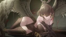 Rule 34 | 1girl, absurdres, bare hips, bare shoulders, bird legs, blood, breasts, brown hair, brown leotard, brown wings, cleavage, closed mouth, commentary, covered navel, curvy, english commentary, fang, fang out, feather hair ornament, feathered wings, feathers, hair between eyes, hair ornament, harpy, highleg, highleg leotard, highres, hololive, hololive english, large breasts, leotard, lips, long hair, looking at viewer, lying, monster girl, monsterification, nanashi mumei, nanashi mumei (harpy), on side, ponytail, revision, smile, solo, somebody (leiking00), talons, v-shaped eyebrows, very long hair, virtual youtuber, wide hips, wings, yellow eyes